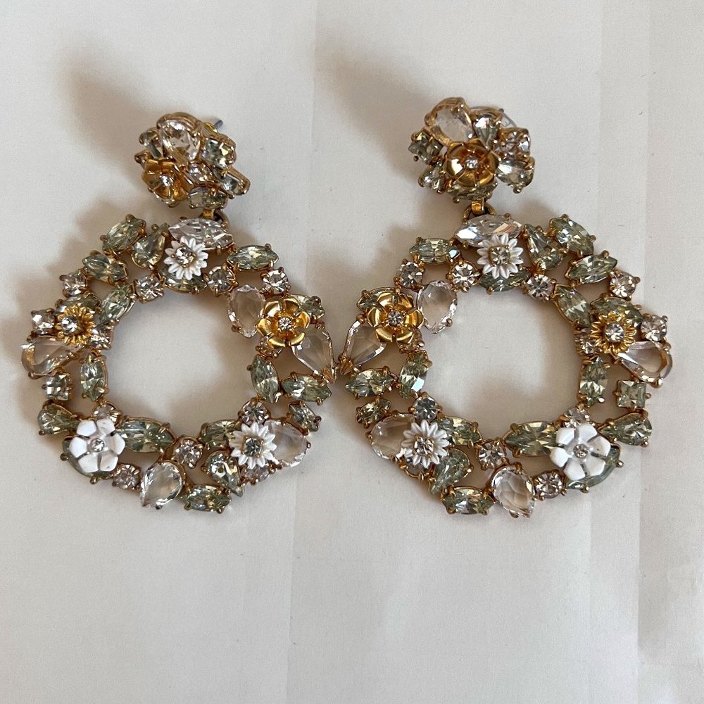 Signed J. Crew Large Dangle Rhinestone Floral Wre… - image 1